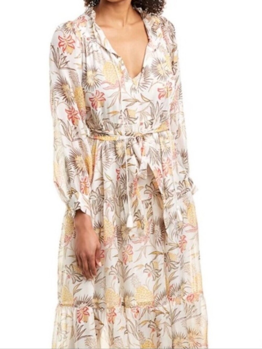 NWT Banjanan Catalina 100% Silk Pineapple Print Ruffled Maxi Dress Size Small
